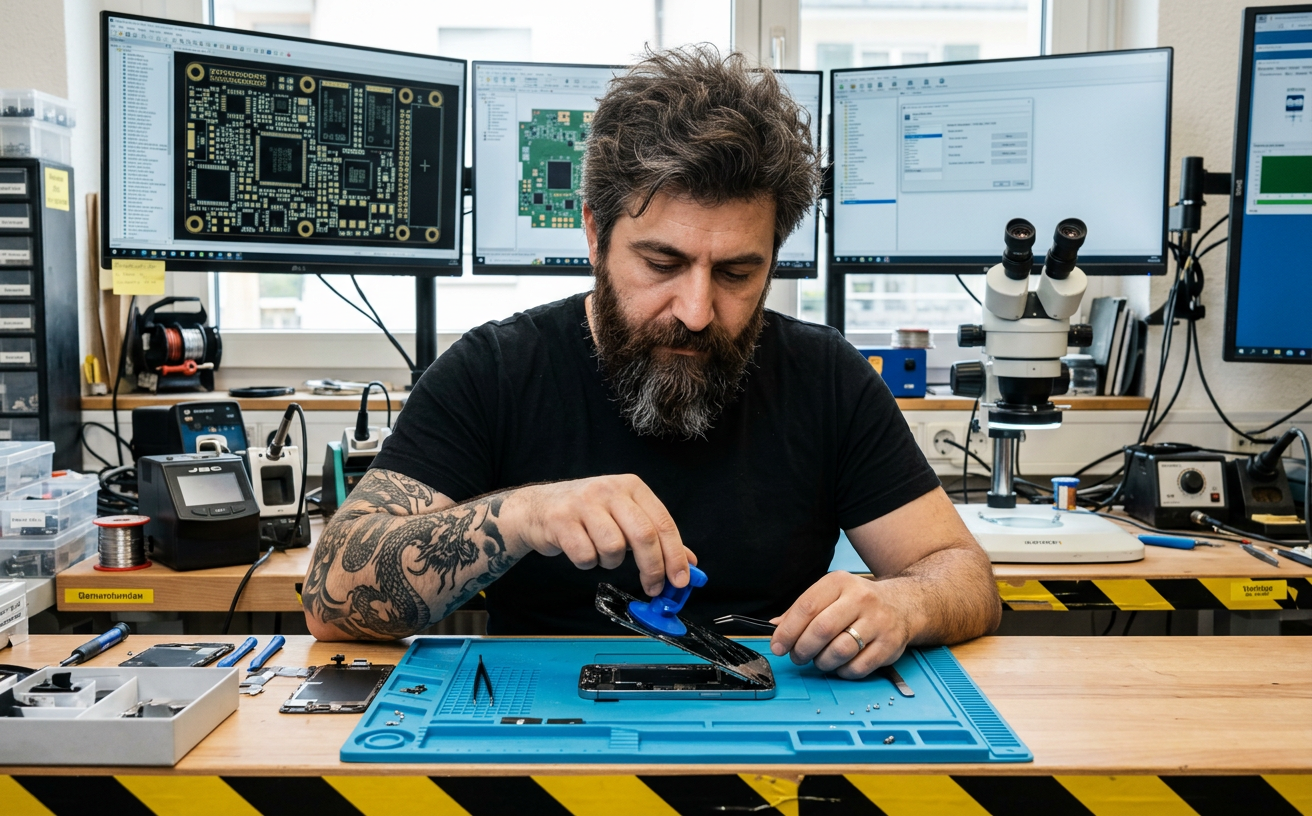 SUCU Techniker löst ein gebrochenes Smartphone-Display mit Saugnapf