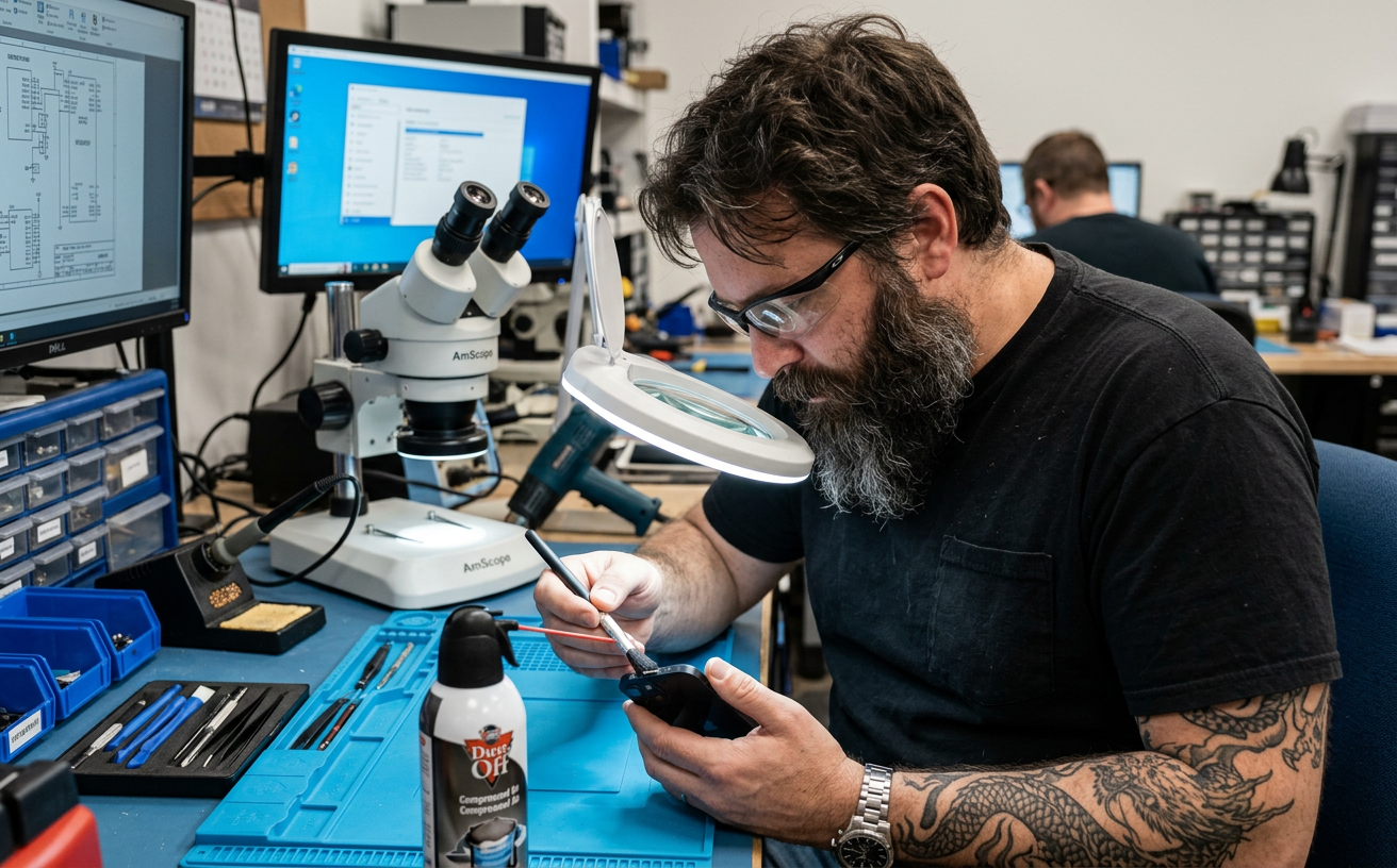 SUCU Techniker reinigt die Ladebuchse eines Smartphones