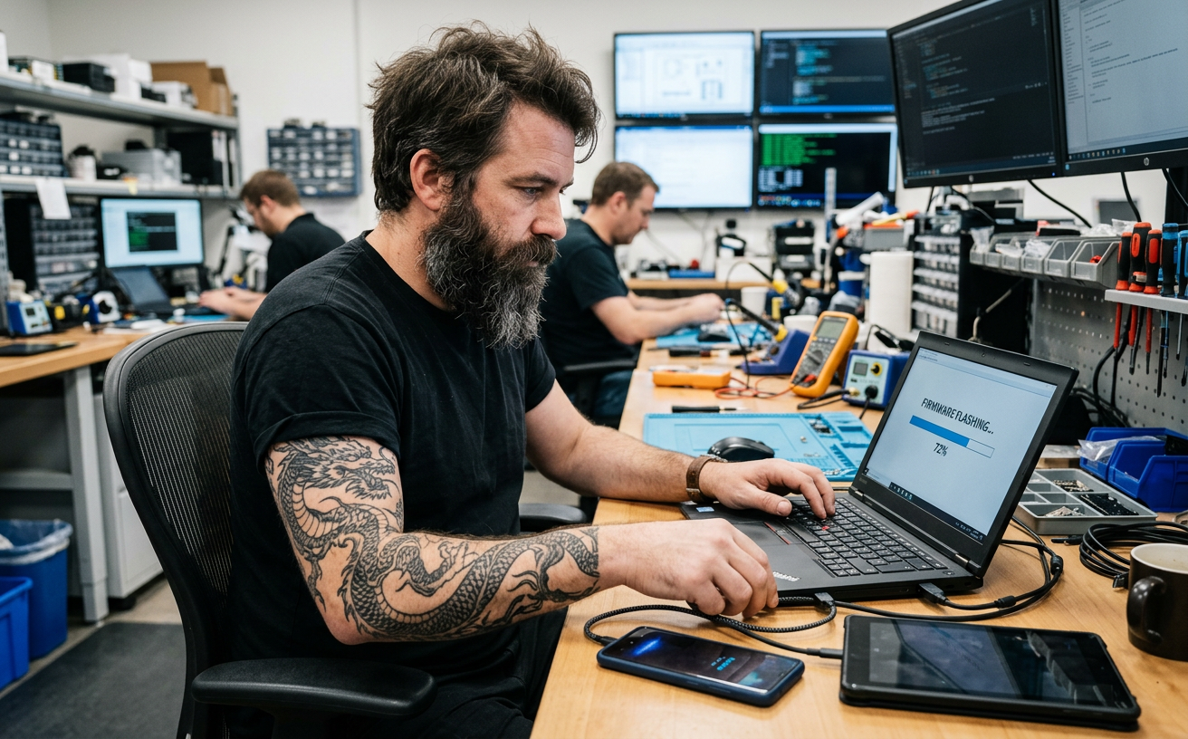 SUCU Techniker spielt Firmware auf Smartphone und Tablet auf
